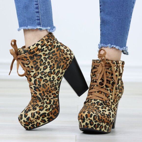 Leopard Print Ankle Boots Lace-Up Chunky Heel Faux Suede Animal Print - Picture 11 of 12